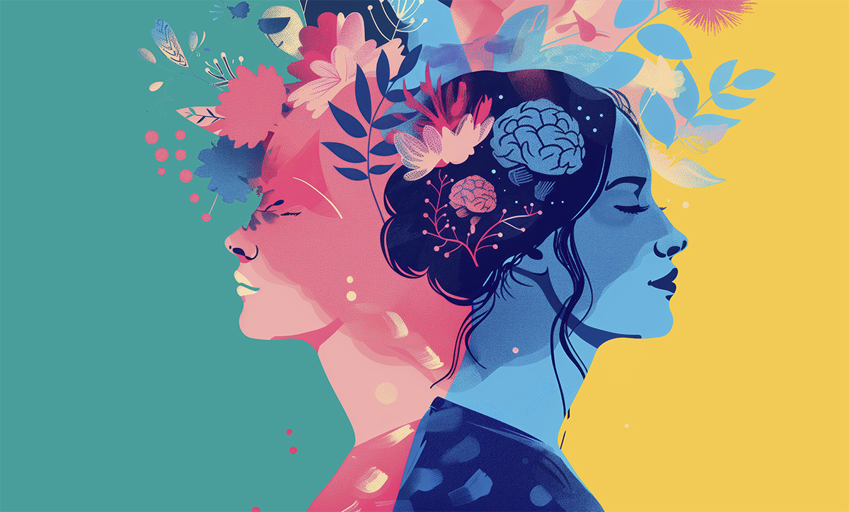 illustrated image for a mental health brand, woman snd man , blue and pink color --ar 16:9 --style raw --v 6 Job ID: 072f4ade-2dbd-463b-8f82-9ae0b793ae10